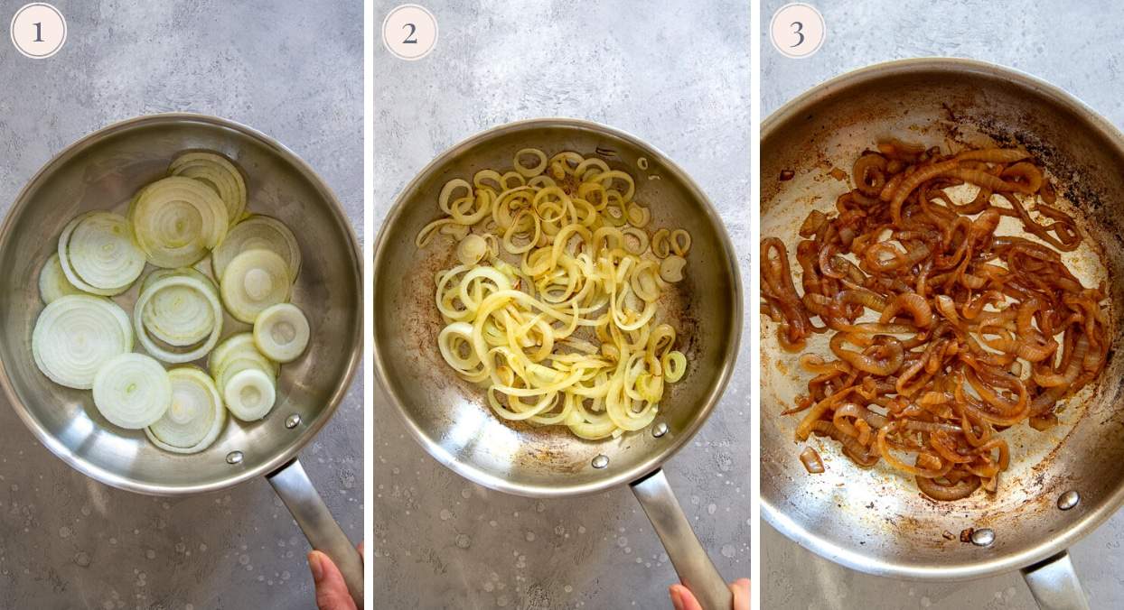 picture collage demonstrating how to caramelize onions