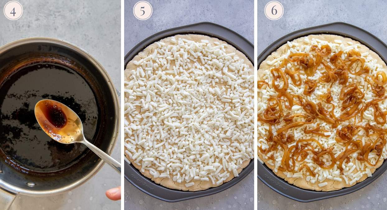picture collage demonstrating how to top gluten-free pizza crust with goat cheese, caramelized onions and balsamic drizzle
