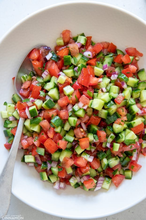 overhead shot of a bowl with Israeli Salad