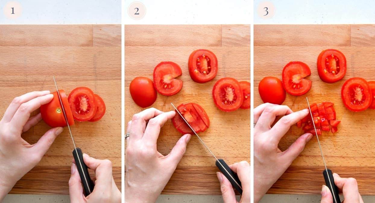 a tomato being chopped into fine cubes to make Israeli Salad 