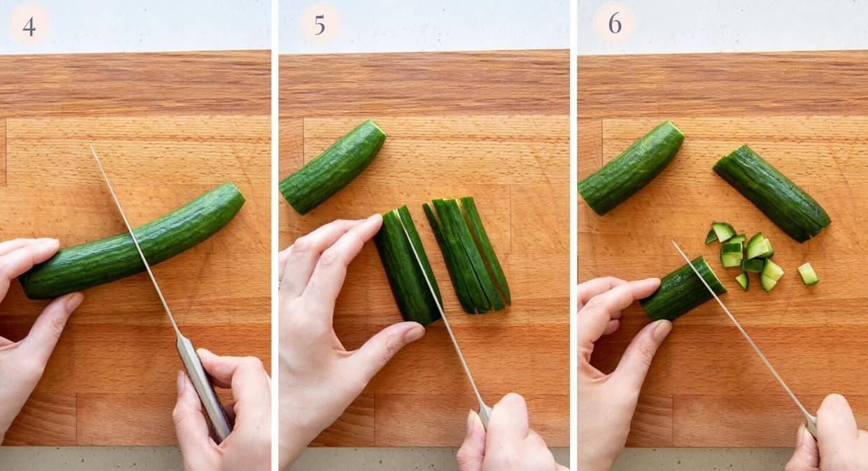 a cucumber being cut into slices, then into fine cubes to make Israeli salad recipe