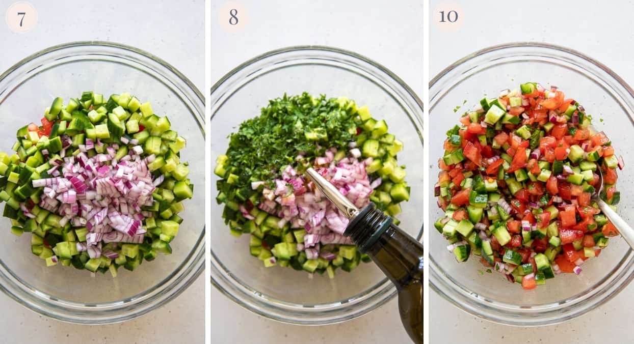 picture collage demonstrating how to make Israeli salad 