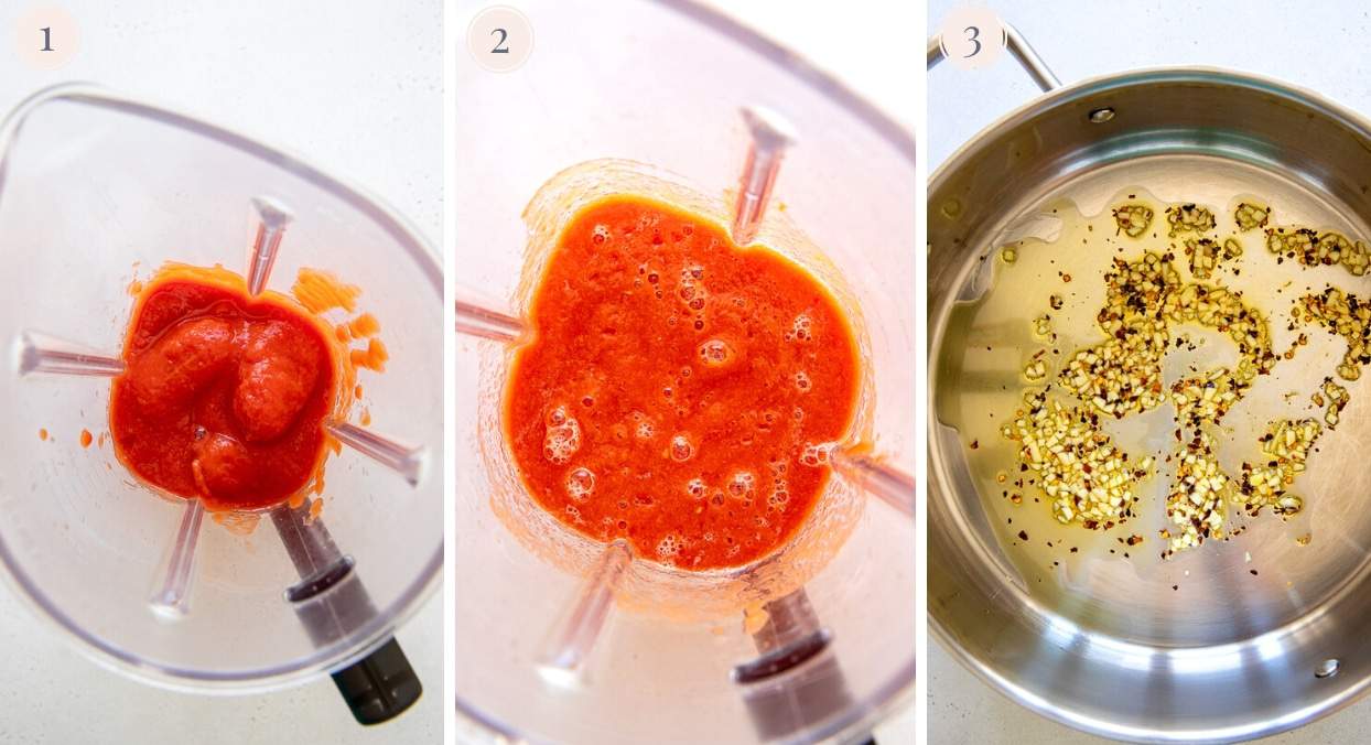  collage d'images montrant comment mélanger les tomates et faire frire l'ail pour préparer une sauce à la vodka sans produits laitiers recette 