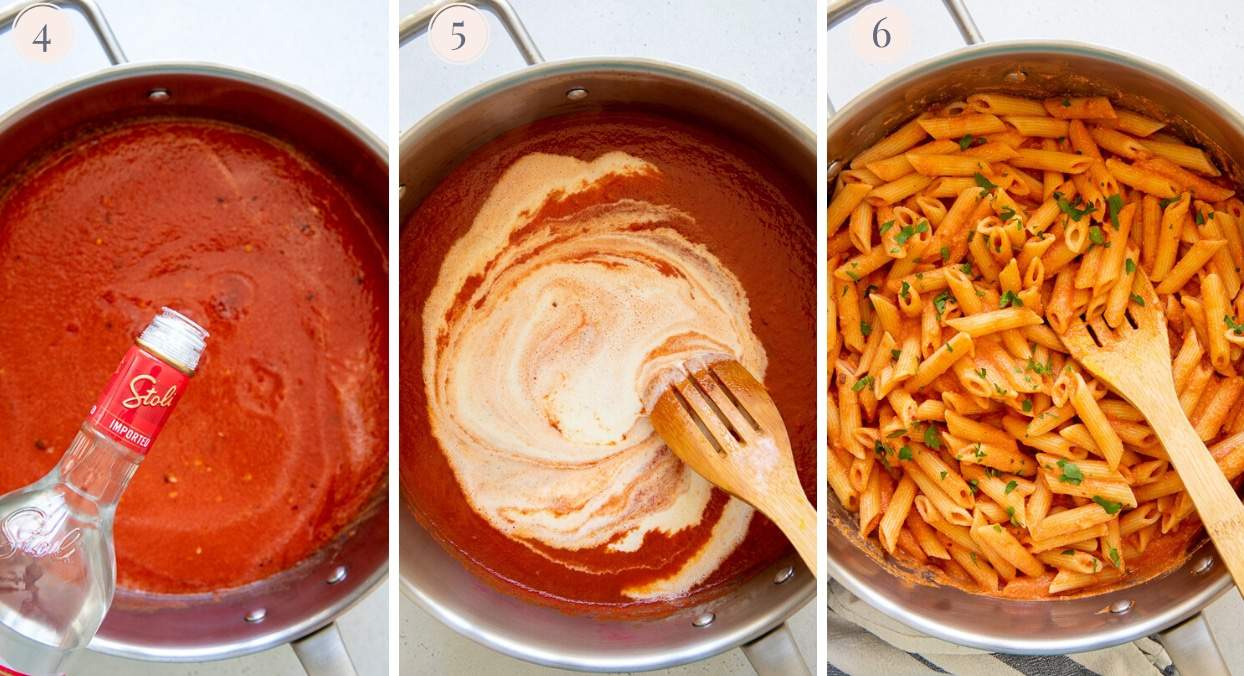 vodka, cashew cream and penne pasta being added to dairy free creamy vodka sauce in a silver pot