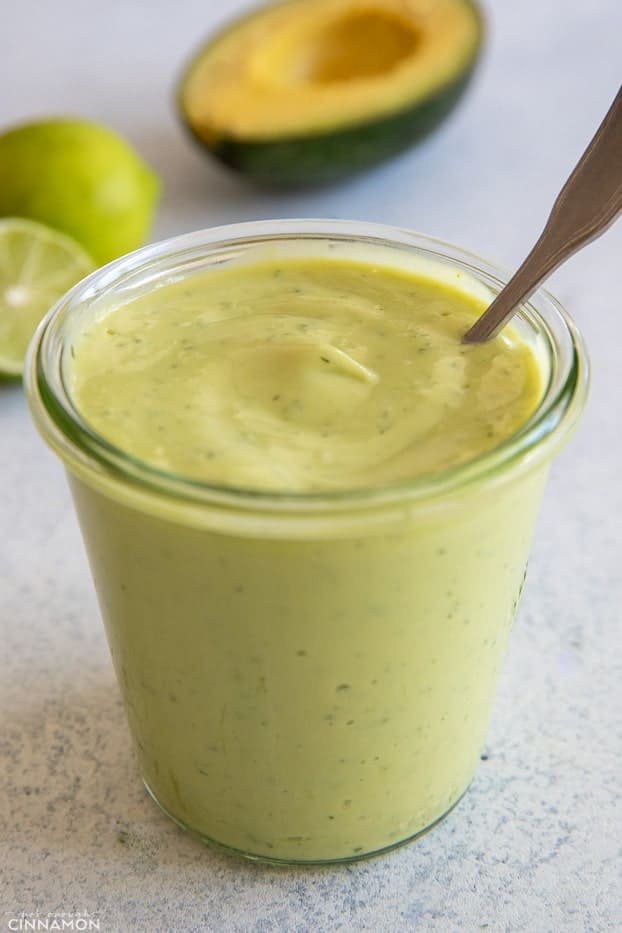 healthy avocado ranch dressing in a small jar