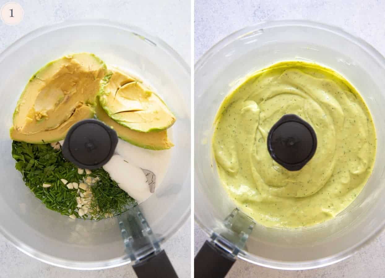 picture collage demonstrating how to make avocado ranch in a food processor