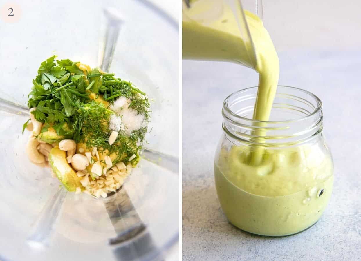 vegan avocado ranch dressing being made in blender, then transferred to mason jar