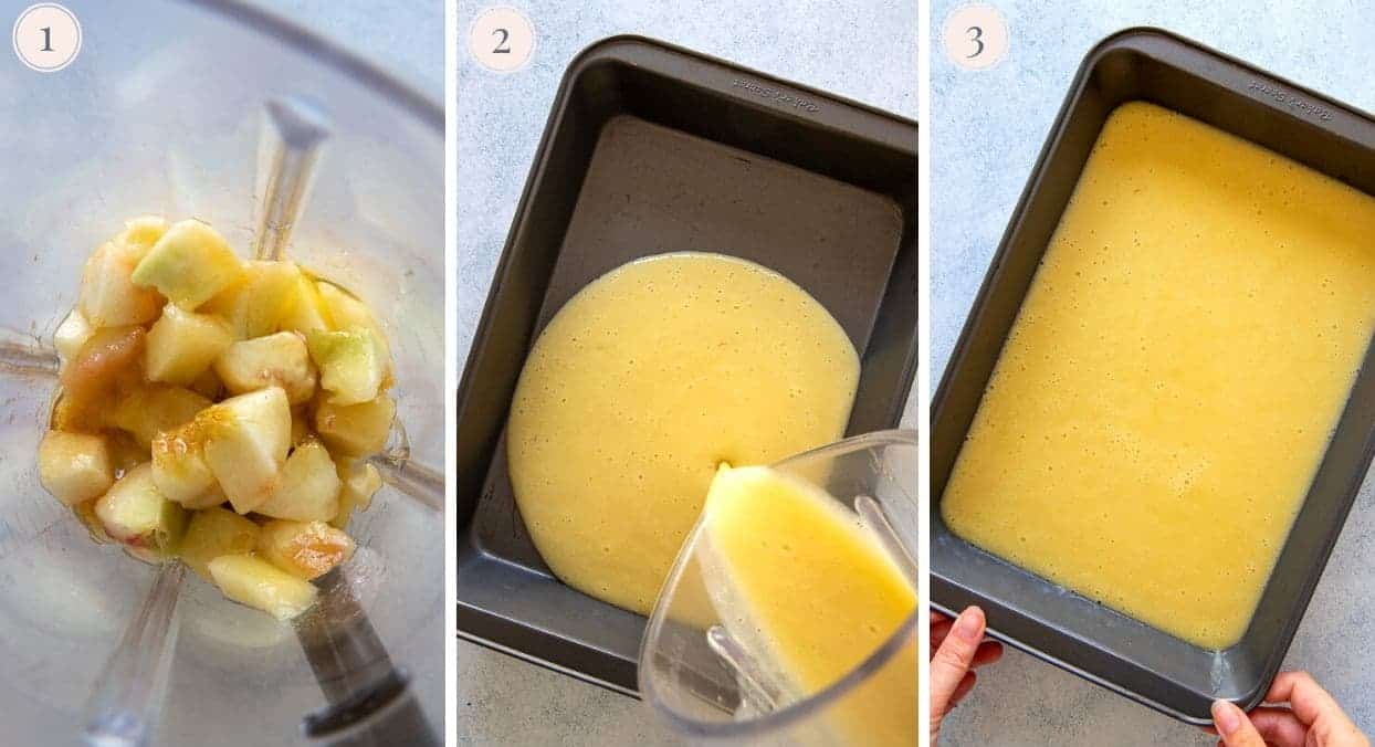 peaches being pureed in then frozen in a square pan to make peach granita