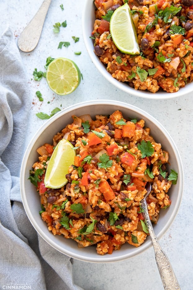 overhead shot of two Mexican Fried Rice Ground Turkey Bowls 