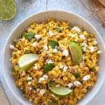 overhead shot of a bowl of Mexican Street Corn Salad with creamy Greek Yogurt dressing