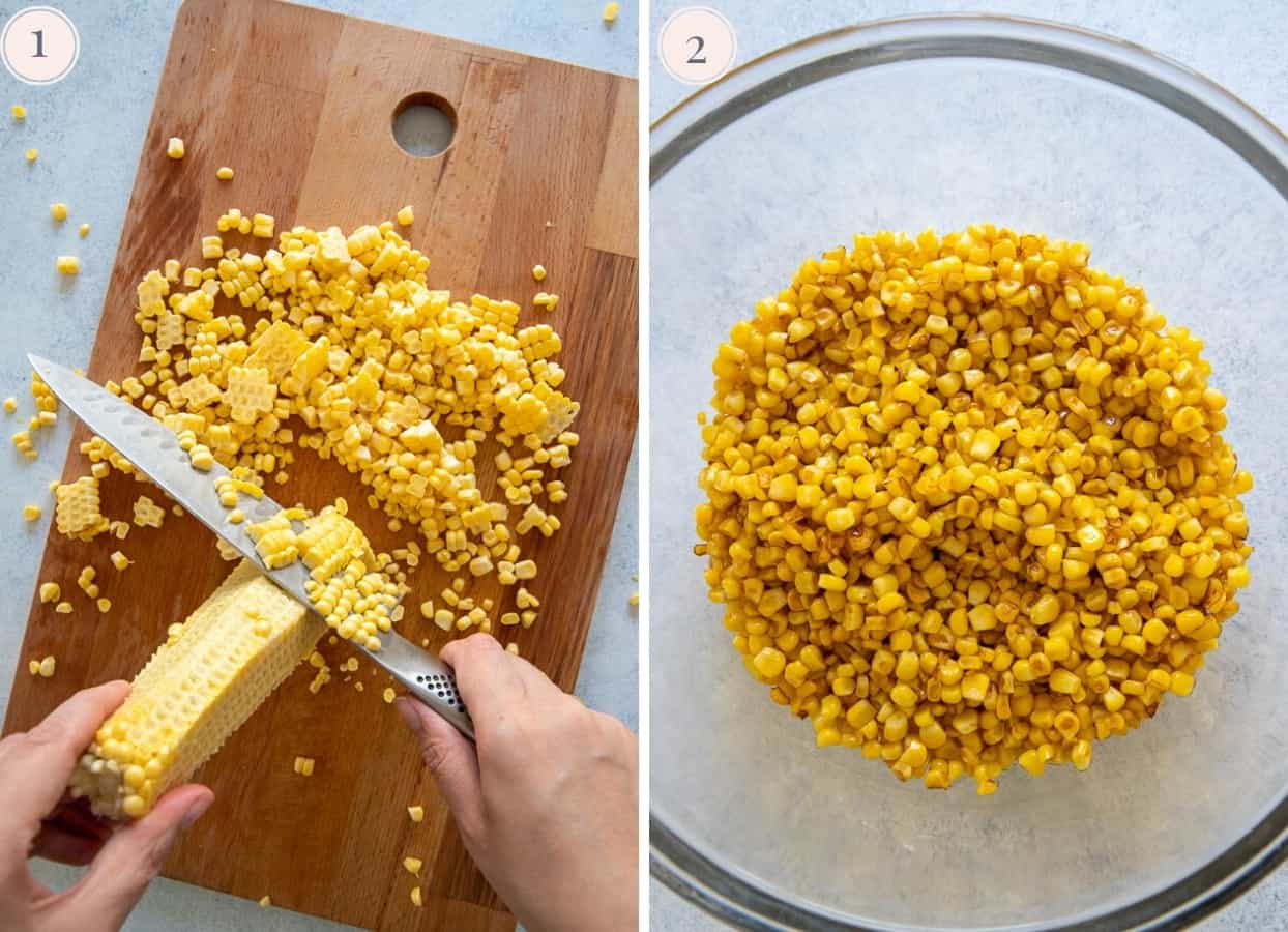 fresh sweet corn being shaved off a cob with a kitchen knife and being gathered in a bowl to make salad