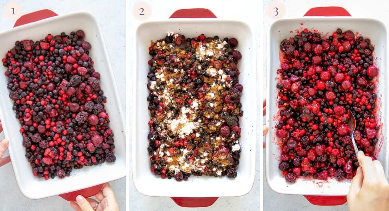 overhead shot of mixed berries being tossed with sugar and cornstarch to make filling for berry crisp 