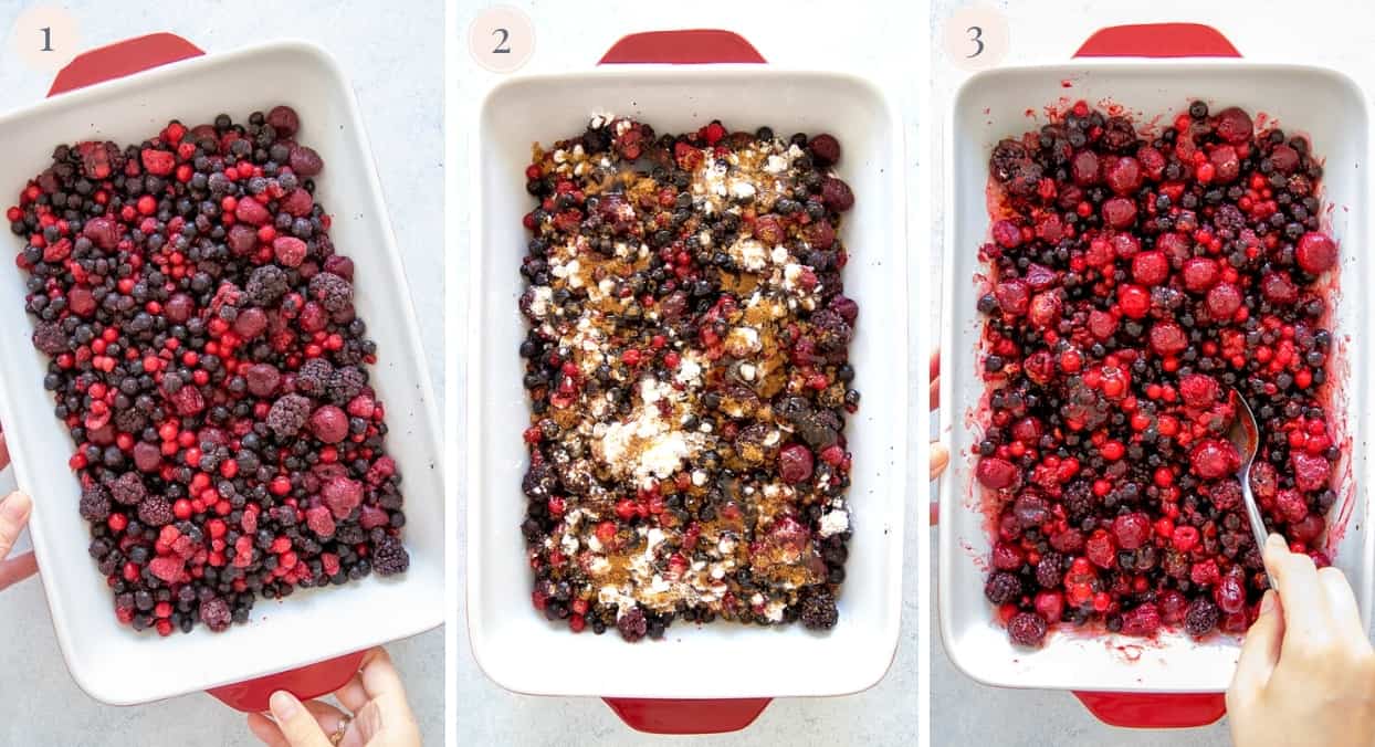 overhead shot of mixed berries being tossed with sugar and cornstarch to make filling for berry crisp 