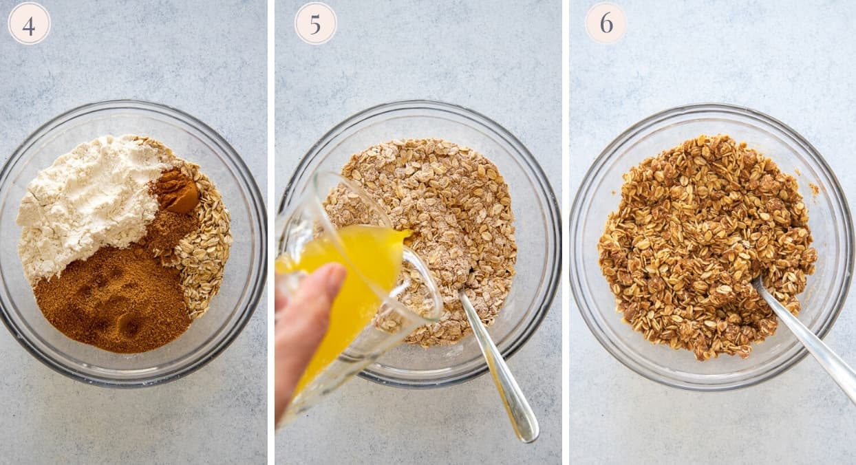 picture collage demonstrating how to make oatmeal crumble topping for berry crisp recipe 