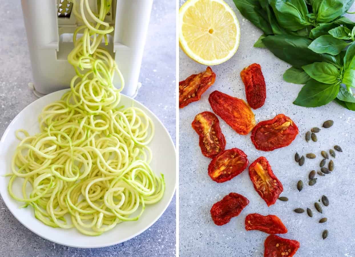 picture collage demonstrating how to make zucchini noodles 