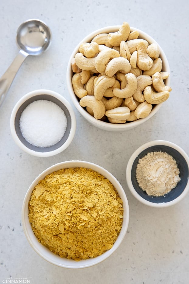 overhead shot of all ingredients needed for making vegan parmesan cheese