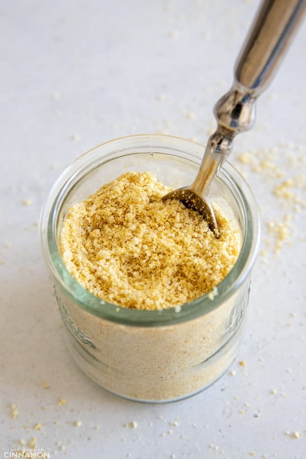 vegan parmesan cheese in a small jar 