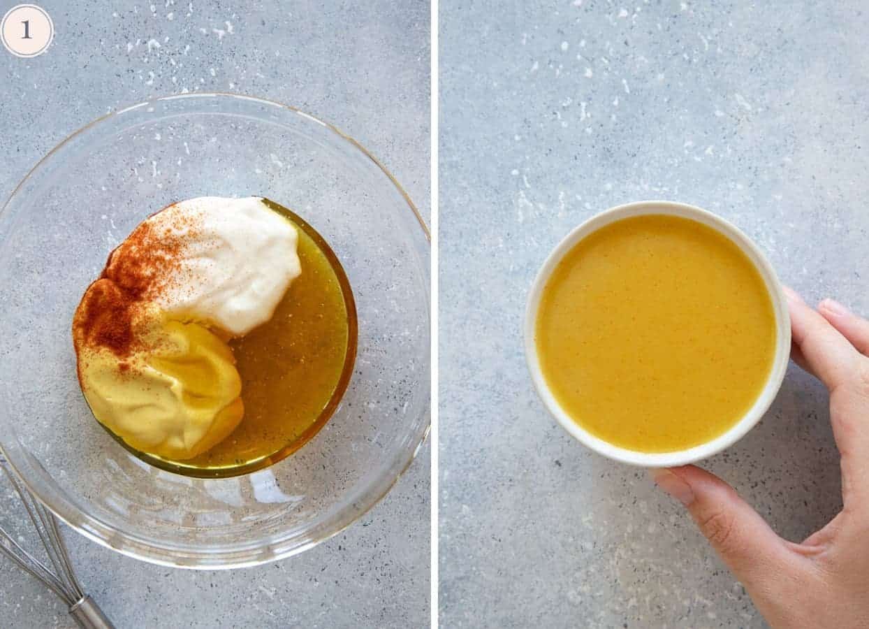 honey mustard sauce being mixed in a small bowl