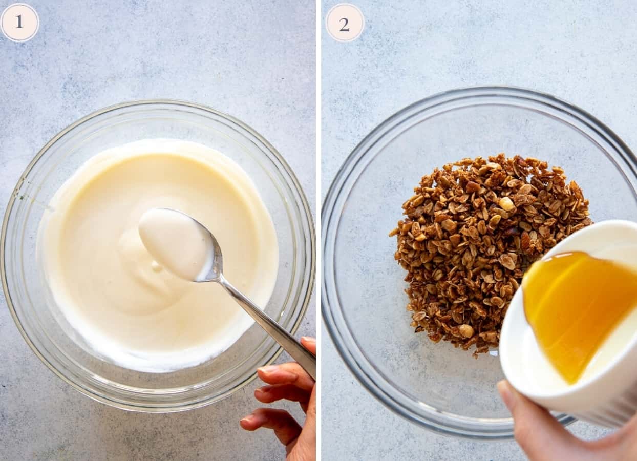 a picture collage demonstrating how to make base for yogurt popsicles
