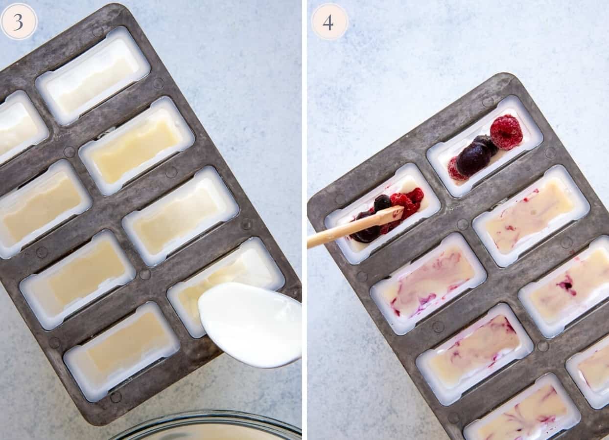 popsicle base being poured into popsicle molds and topped with berries to make breakfast popsicles 