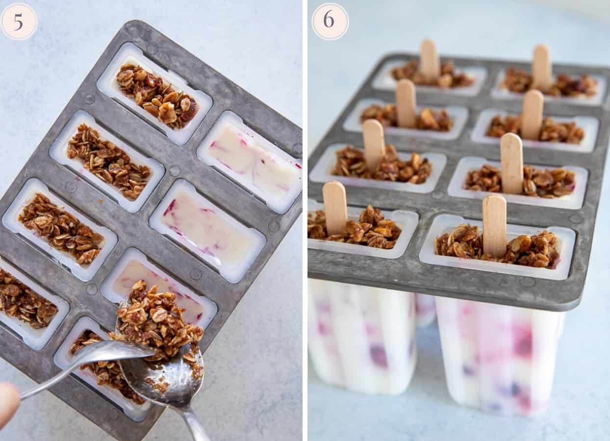 yogurt popsicles in a mold being topped with granola to make breakfast popicles