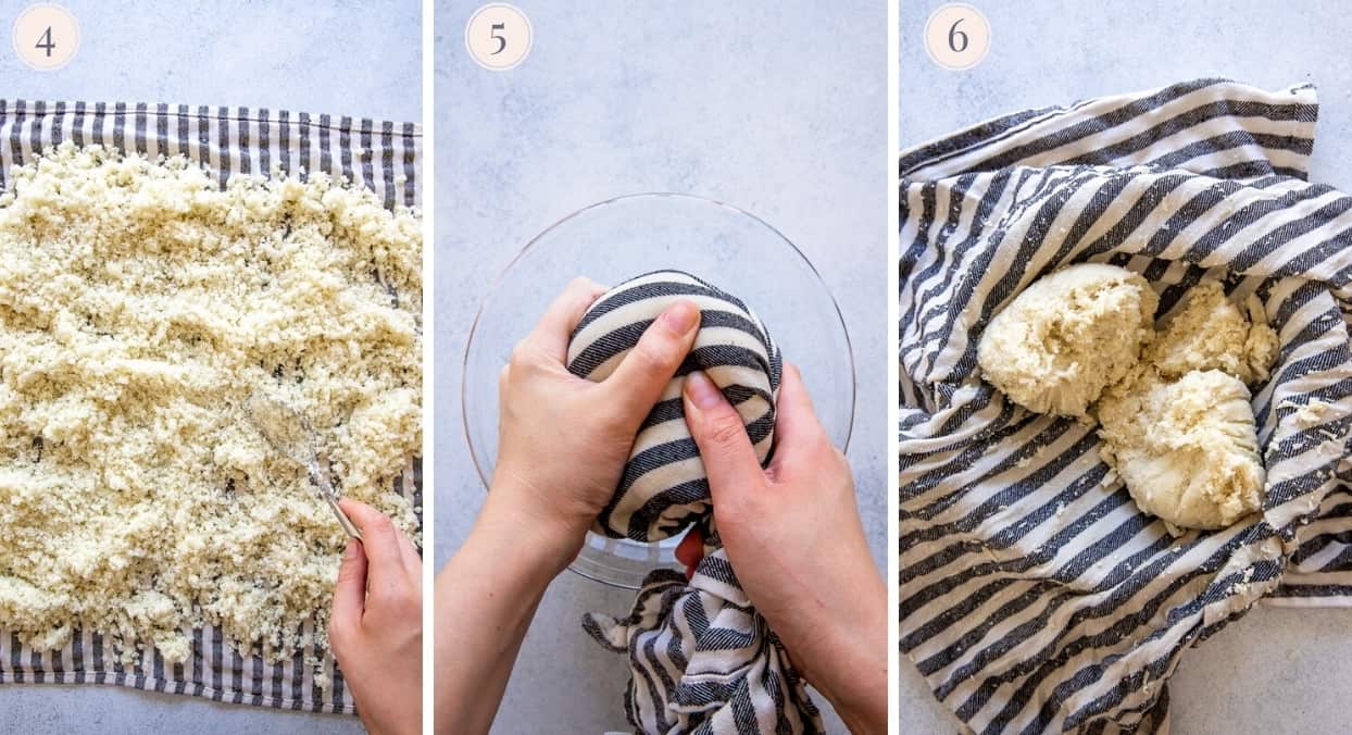 cauliflower rice being squeezed dry in a dish towel for gnocchi recipe