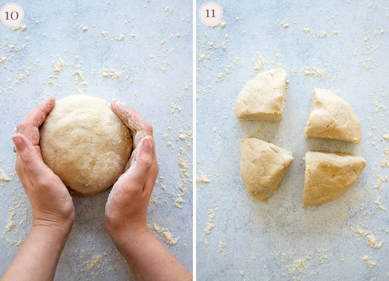 cauliflower gnocchi dough being shaped and cut on a floured surface