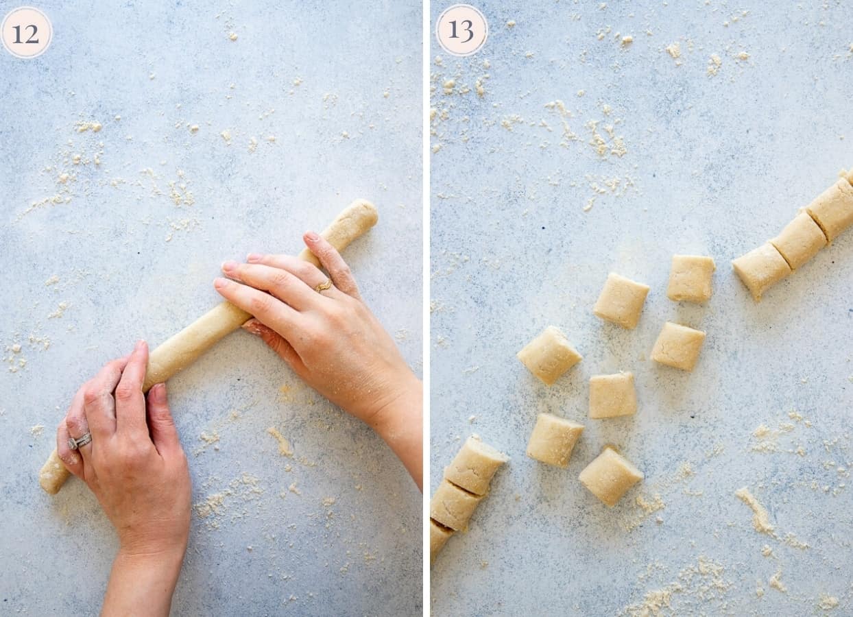 picture collage demonstrating how to shape and cut homemade cauliflower gnocchi 