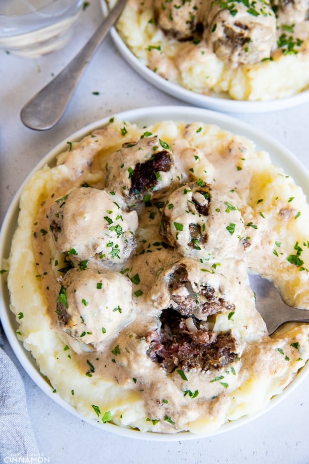 overhead shot of paleo Swedish meatballs served over cauliflower mash