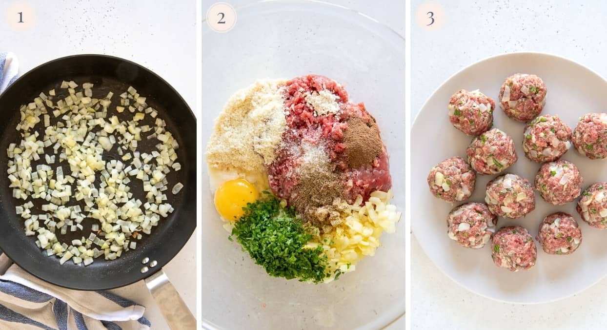 picture collage demonstrating how to make paleo meatballs with beef and almond flour 