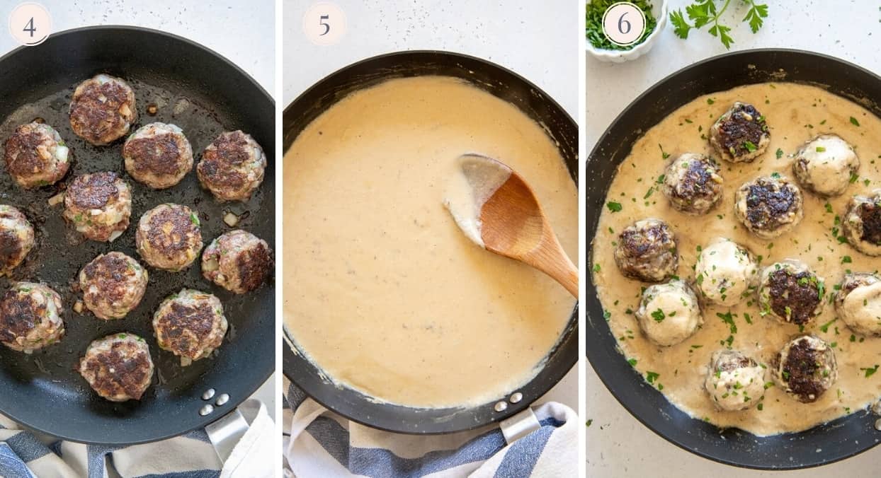 picture collage demonstrating how to make Paleo Swedish meatballs with cashew gravy
