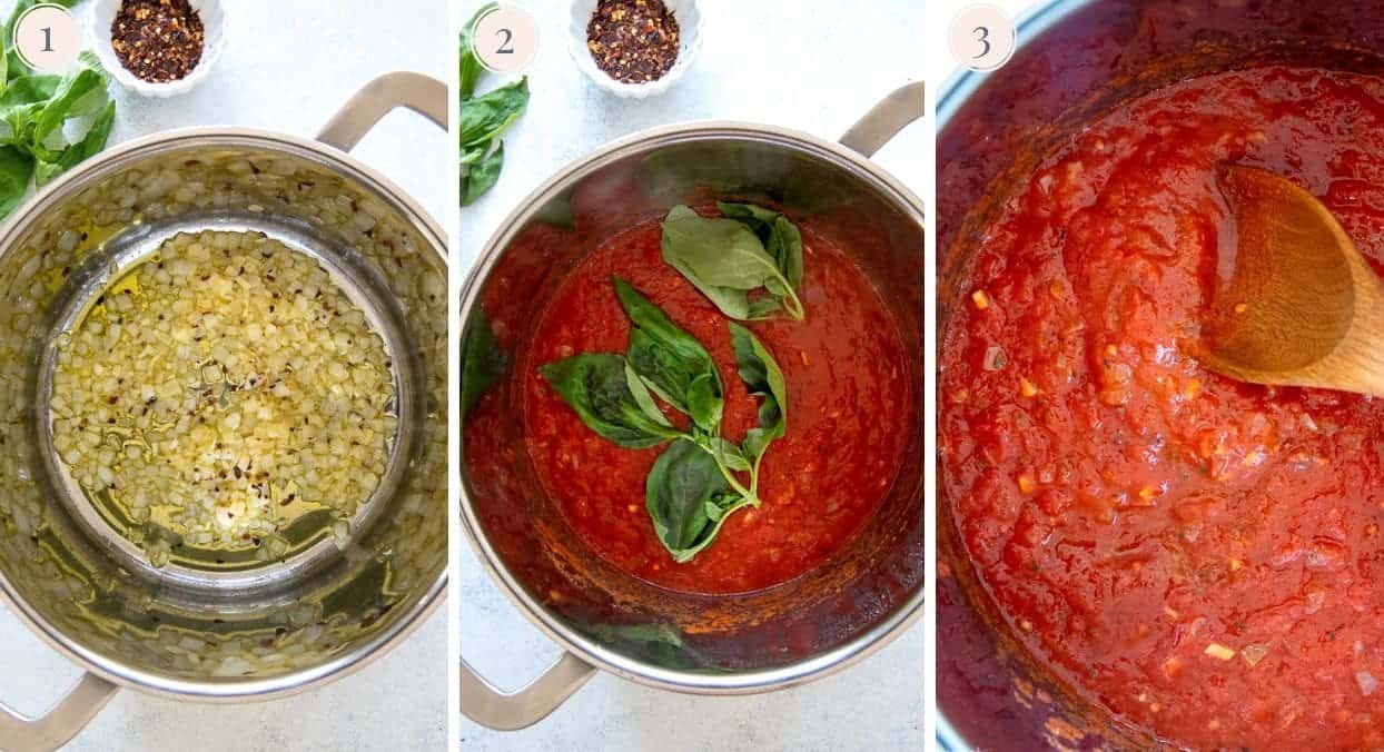 photo collage demonstrating how marinara sauce is being prepared in a sliver pot 