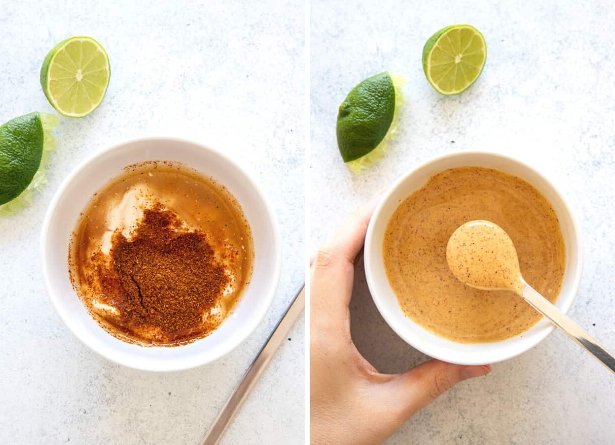 picture collage demonstrating how chipotle lime mayo is being mixed in a small bowl 