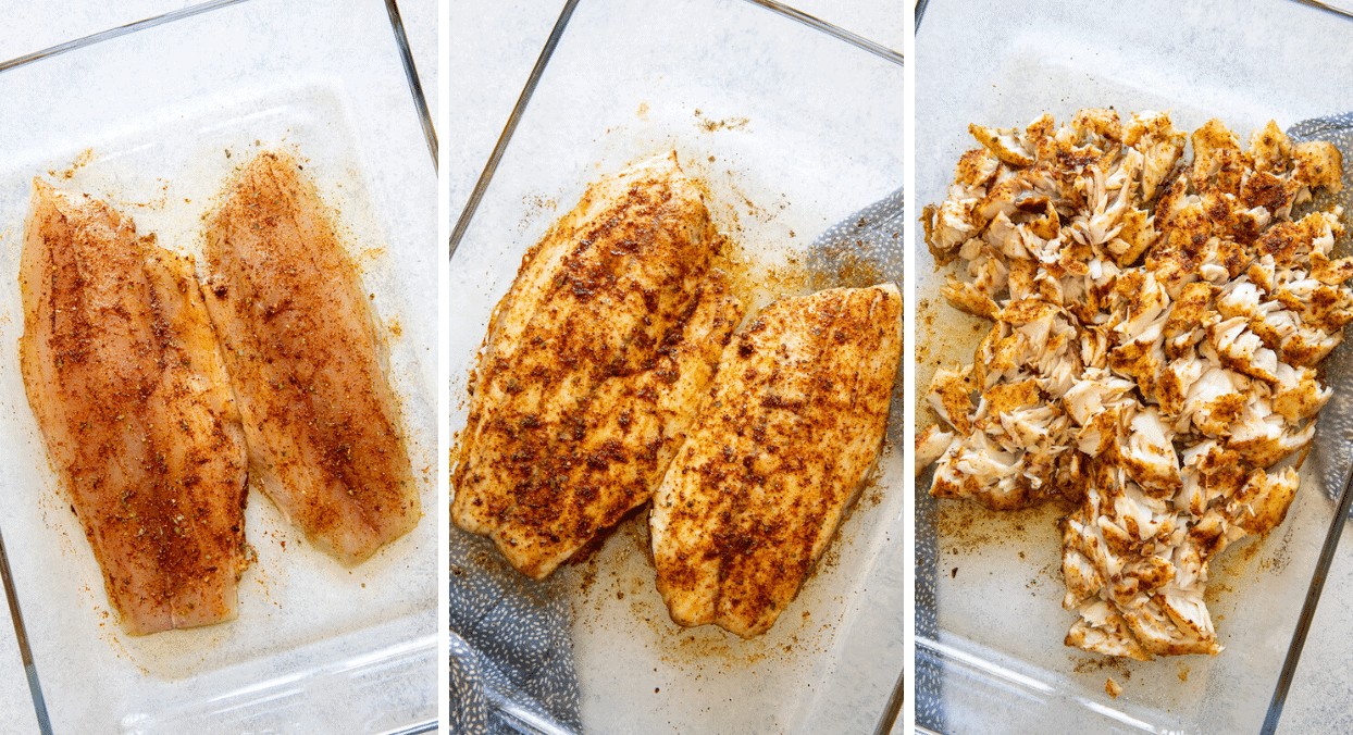 picture collage demonstrating how to bake fish fillets in the oven 