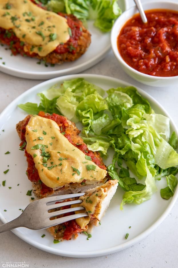 overhead shot of healthy baked chicken parmesan