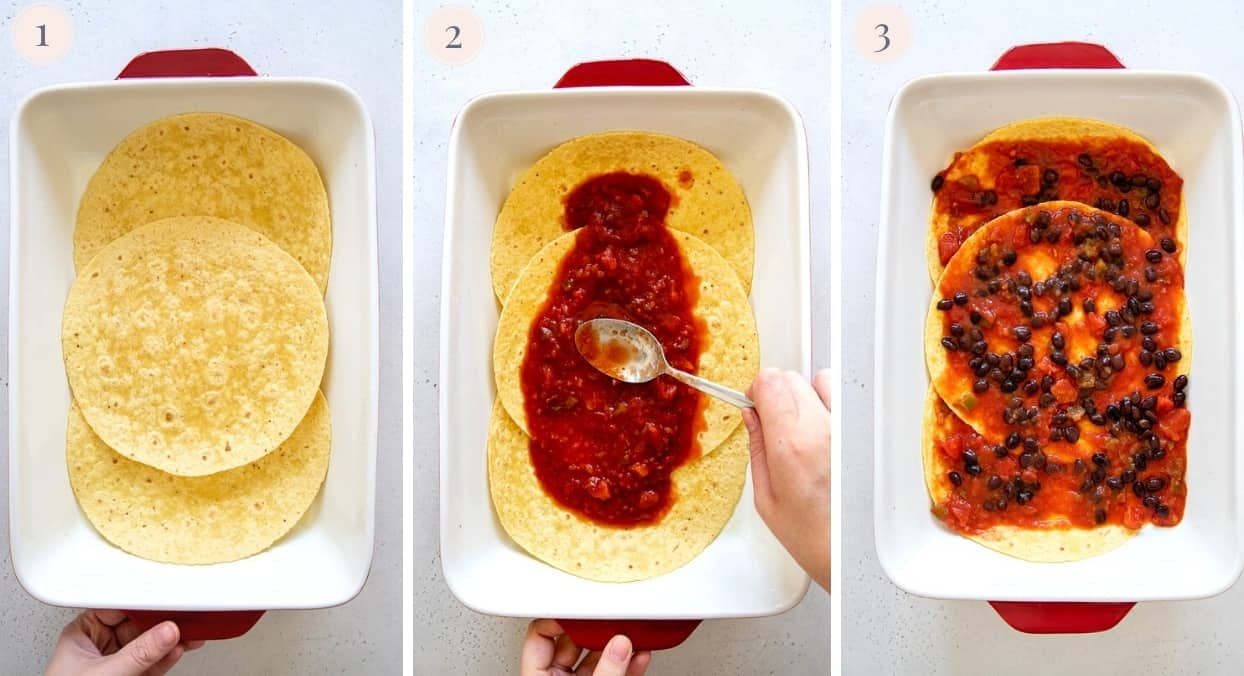picture collage demonstrating how to assemble Mexican huevos rancheros casserole