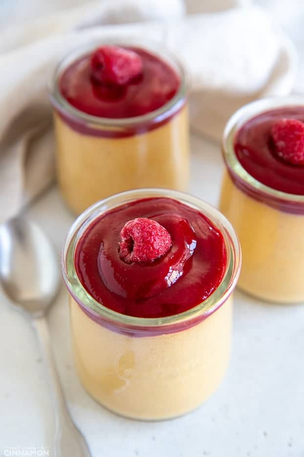 vegan peanut butter mousse topped with homemade raspberry jam 