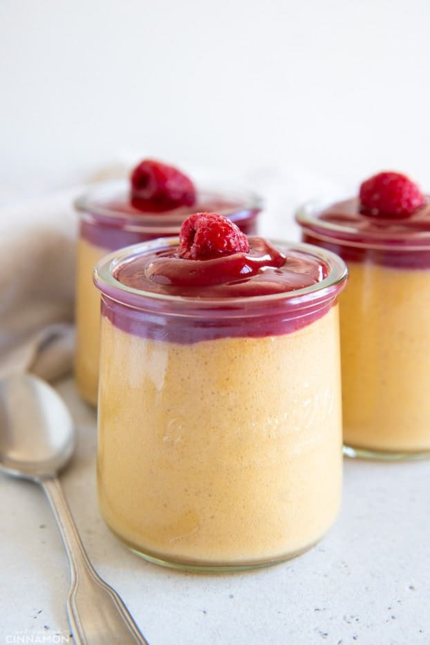 side view of a vegan peanut butter mousse cup topped with quick raspberry jam 