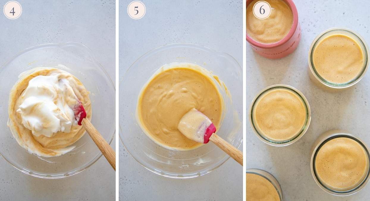 picture collage demonstrating how to fold whipped aquafaba unto peanut butter to make mousse