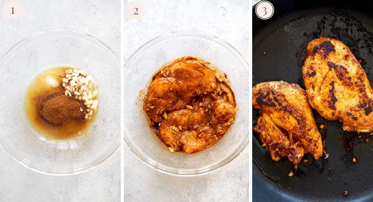 picture collage demonstrating how to pan-fry chicken for making Southwestern Chicken Salad