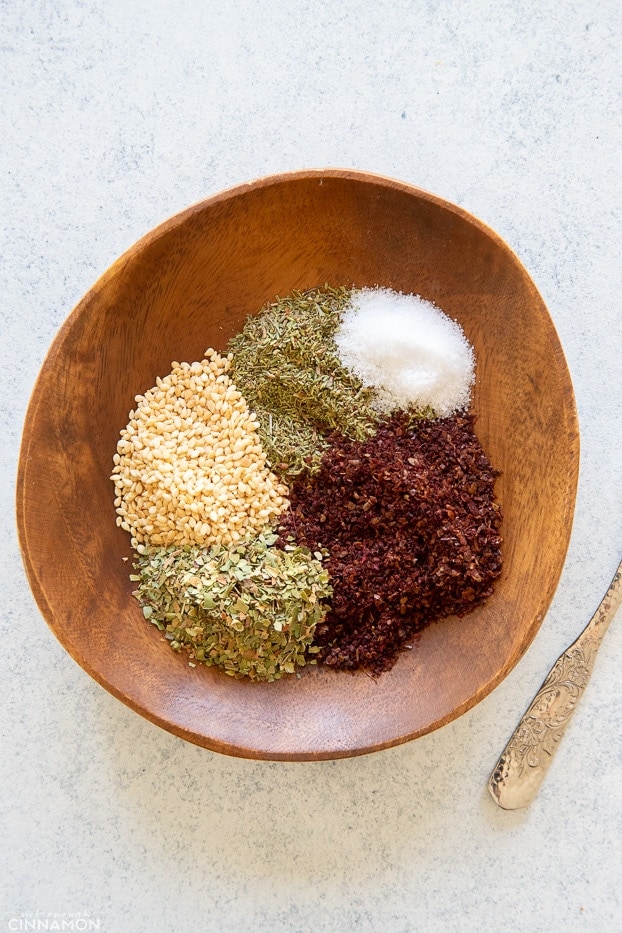 homemade za'atar spice blend in a wooden bowl