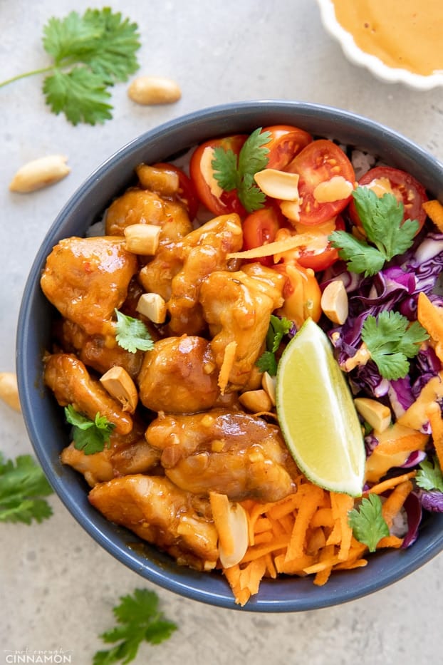 overhead shot of Thai Peanut Butter Chicken Bowl 