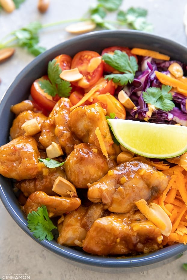 overhead shot of a healthy Thai Peanut butter chicken bowl 