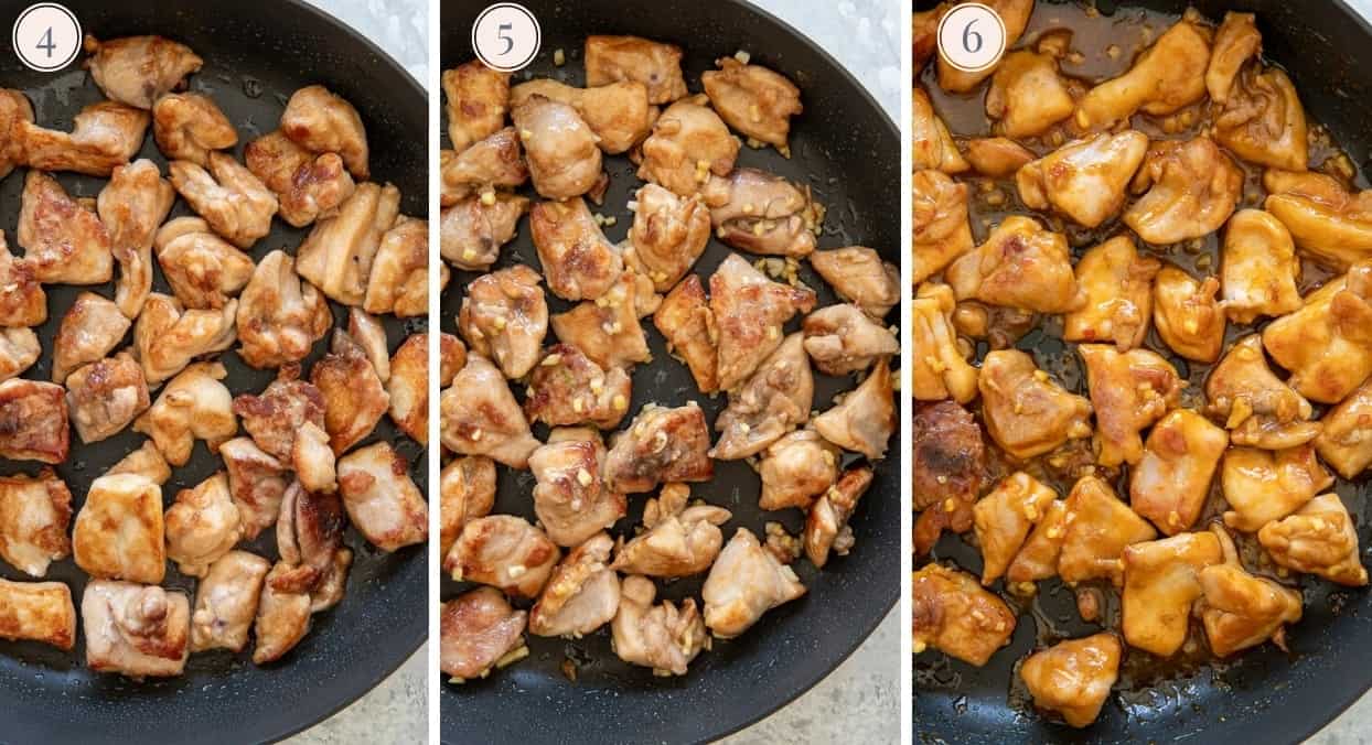 chicken breast chunks being stir-fried with peanut sauce 