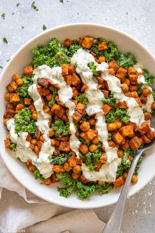 overhead shot of roasted chickpea sweet potato salad with creamy Greek Yogurt Dressing