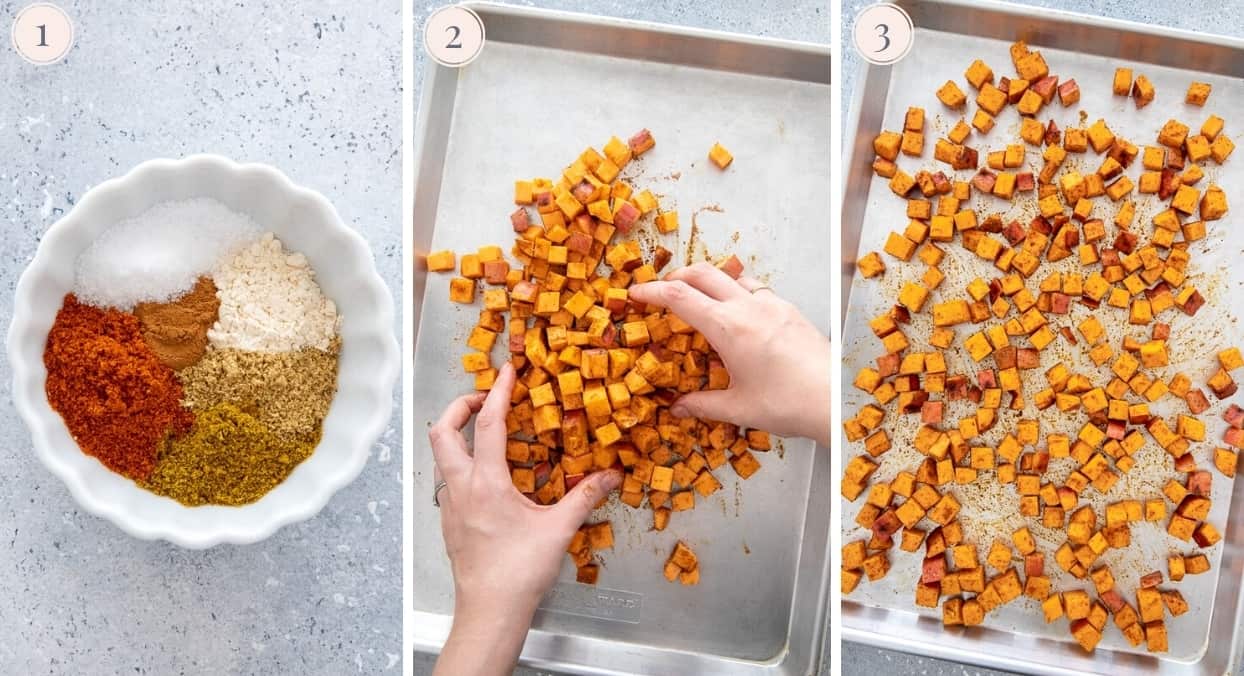 sweet potato cubes being roasted on a sheet pan for making sweet potato salad 