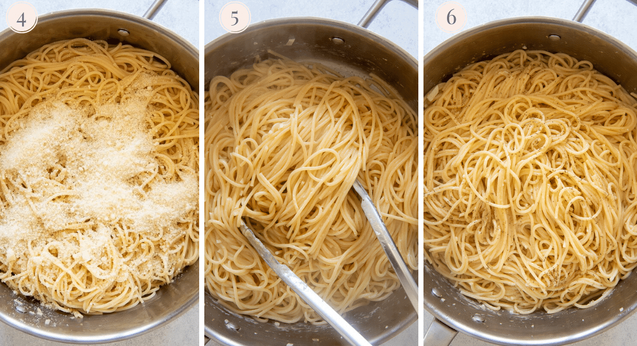 pasta being tossed with garlic butter, lemon juice and grated parmesan cheese to make easy lemon pasta 