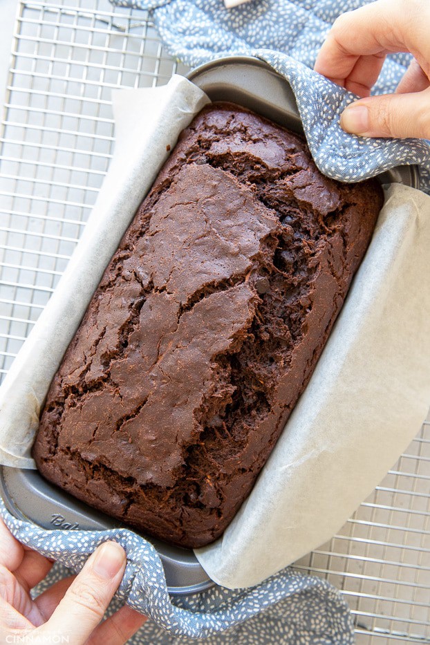 two hands holding a hot gluten-free chocolate zucchini bread in a loaf pan 