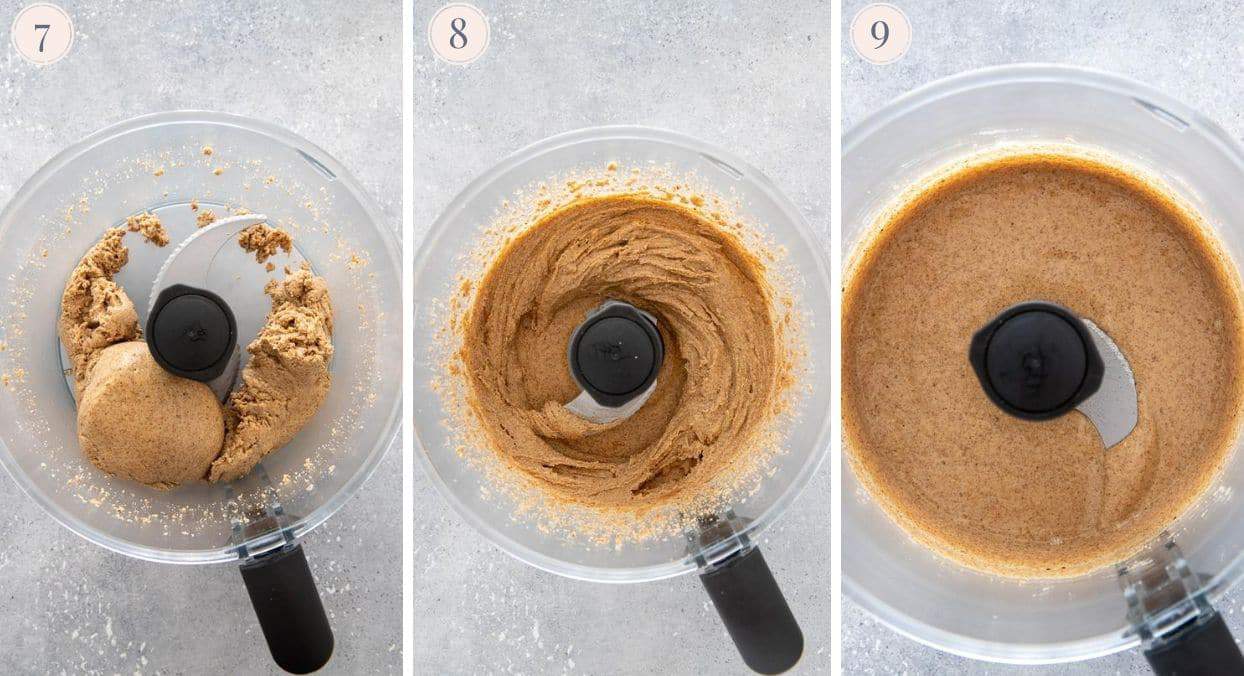 collage demonstrating the stages of almonds being ground to almond butter 
