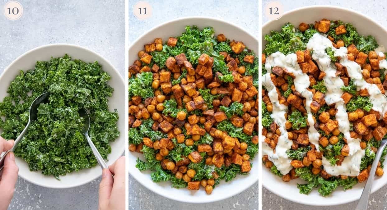 roasted sweet potato chickpea salad being tossed in a bowl with creamy dressing